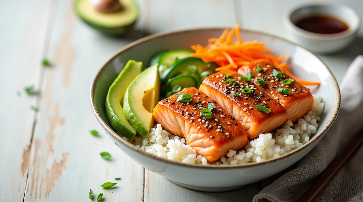 recetas faciles 2025 Delicioso Bowl de Salmón Crujiente con Arroz Una Comida Saludable y Sabrosa