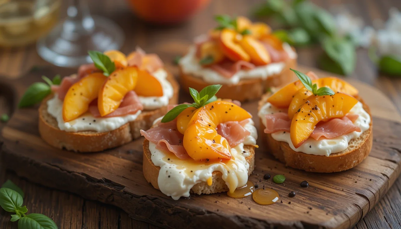 Deliciosos Crostinis de Burrata con Prosciutto y Melocotón