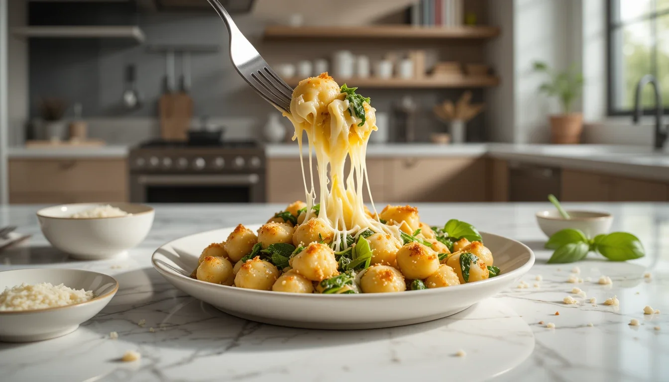 recetas faciles Gnocchi Horneados Tres Quesos con Espinacas: Un Plato Cremoso y Reconfortante